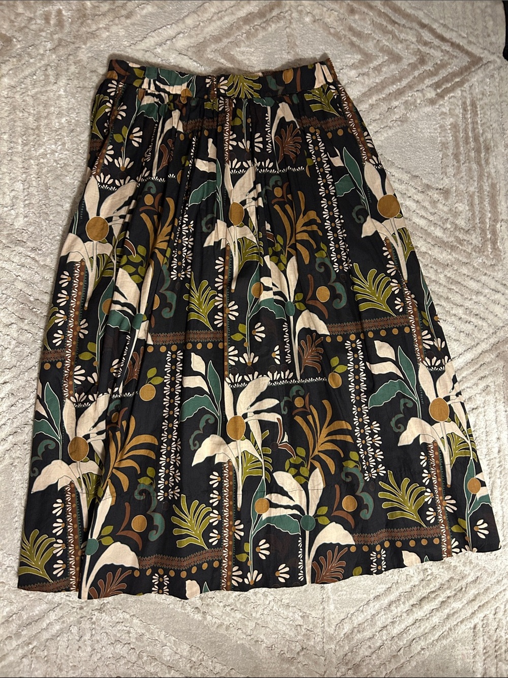 Philosophy Black Floral Midi Skirt with Green and Cream Accents